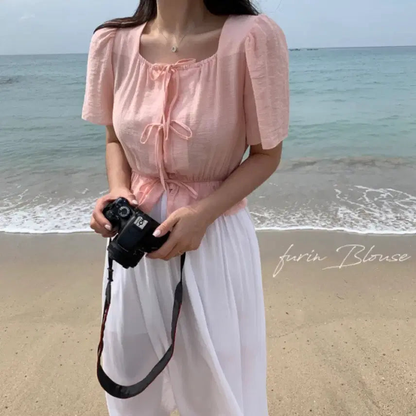 [BUNJANG] Pink Ribbon Puff Short Sleeve Blouse / 핑크 리본 블라우스 퍼프 반팔