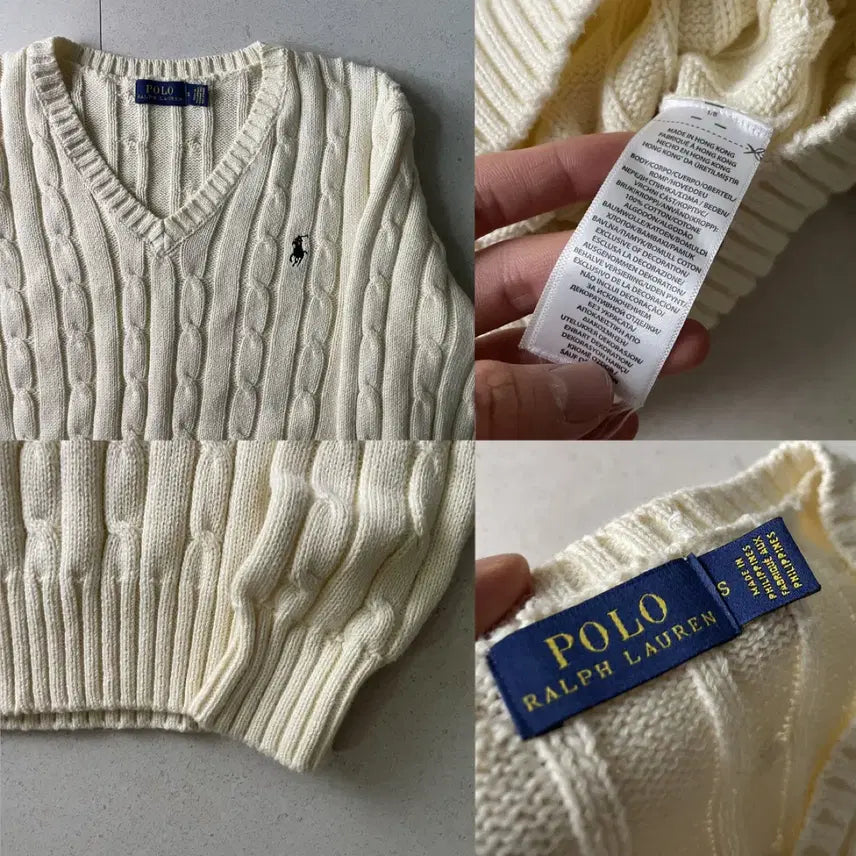 [BUNJANG] Polo Ivory Cable Knit V-Neck Sweater / 폴로 아이보리 꽈배기 브이넥 니트