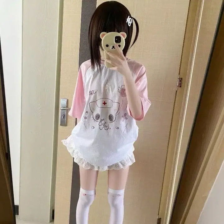 [BUNJANG] Cute Nurse Cat Print T-Shirt / 귀여운 간호고양이 프린트 티셔츠