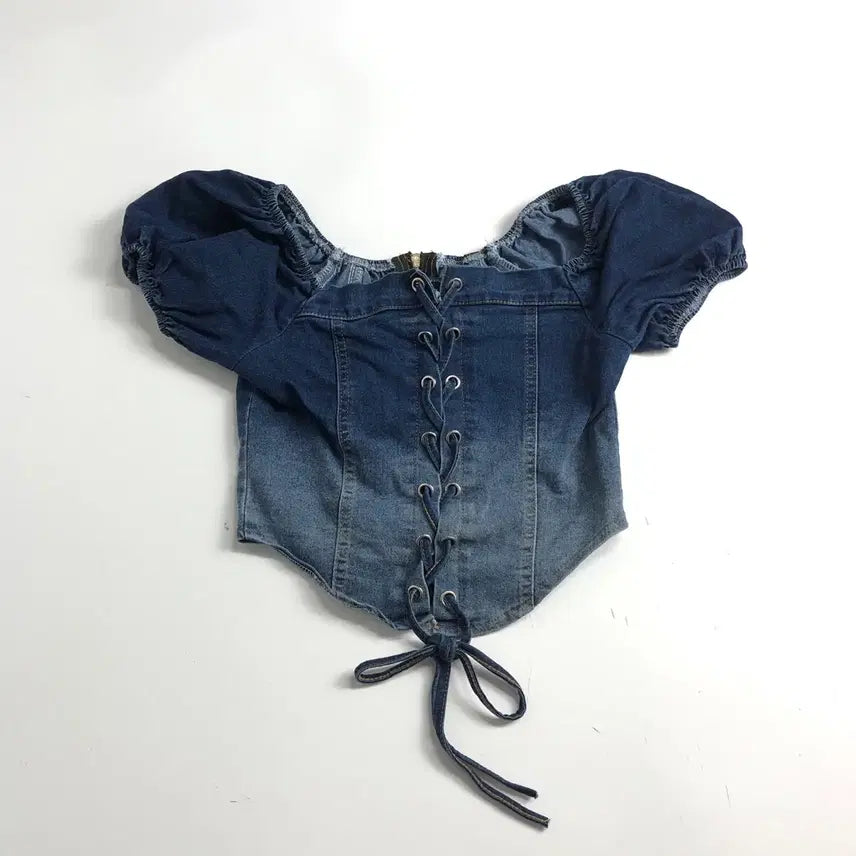 [BUNJANG] Denim Drawstring Puff Blouse / 데님 끈 조임 퍼프 블라우스