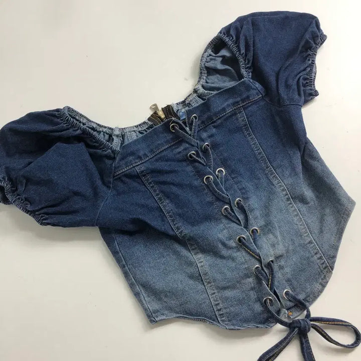 [BUNJANG] Denim Drawstring Puff Blouse / 데님 끈 조임 퍼프 블라우스