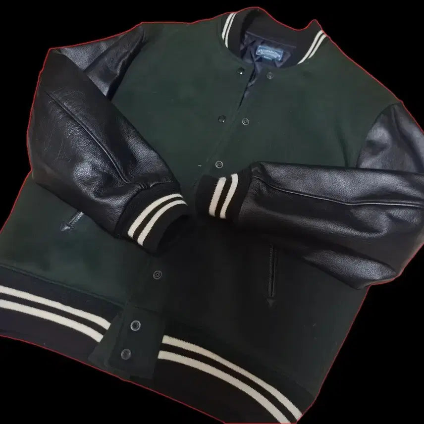 [BUNJANG] Outstanding XL Varsity Leather Jacket Black/Green / XL 아웃스탠딩 바시티 가죽 자켓 블랙/그린