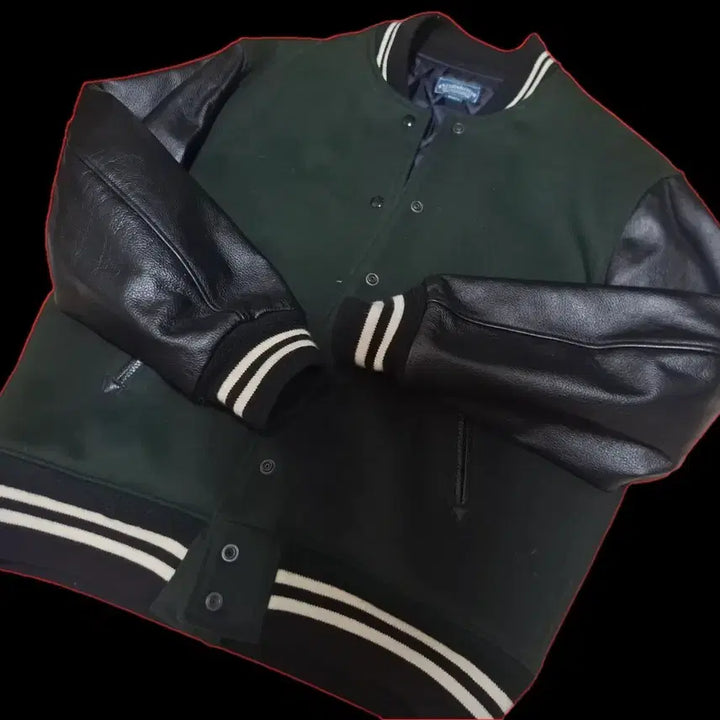 [BUNJANG] Outstanding XL Varsity Leather Jacket Black/Green / XL 아웃스탠딩 바시티 가죽 자켓 블랙/그린
