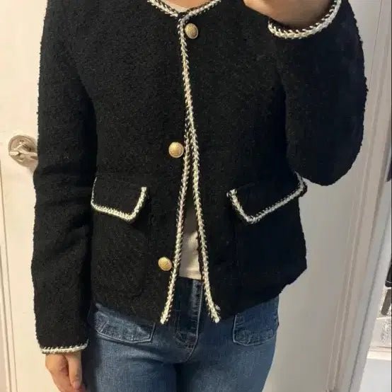 [BUNJANG] Single Color Block Tweed Jacket / 금장 노카라 싱글 배색트위드자켓