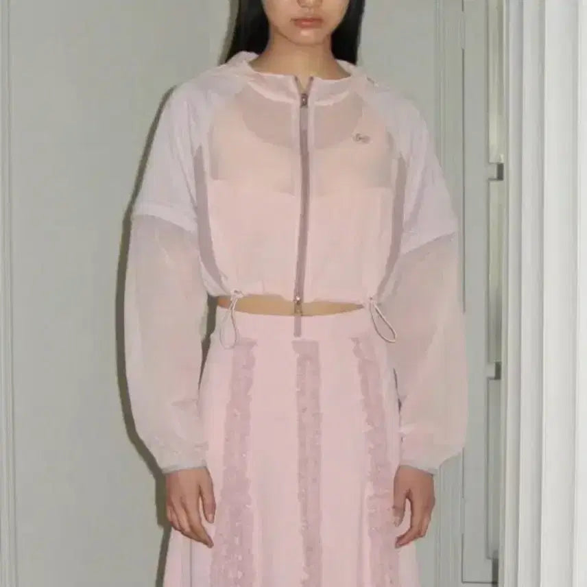 [BUNJANG] SINOON Pink See-through Crop Hooded Zip-Up Jacket / 시눈 핑크 시스루 크롭 후드 집업자켓