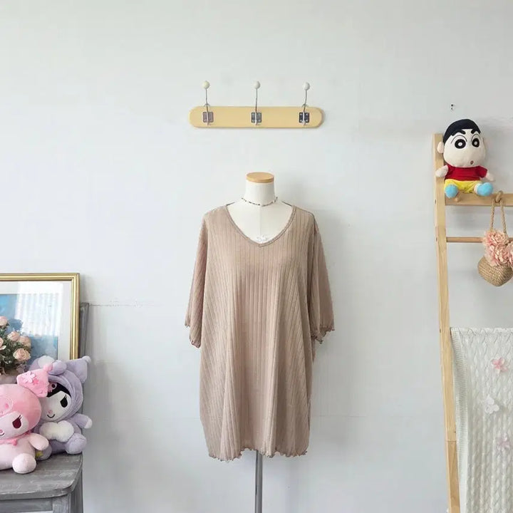 [BUNJANG] LADY Beige Oversized Pleated Ribbed T-Shirt / 빈티지 만원샵 LADY 베이지 오버핏 주름 골지티