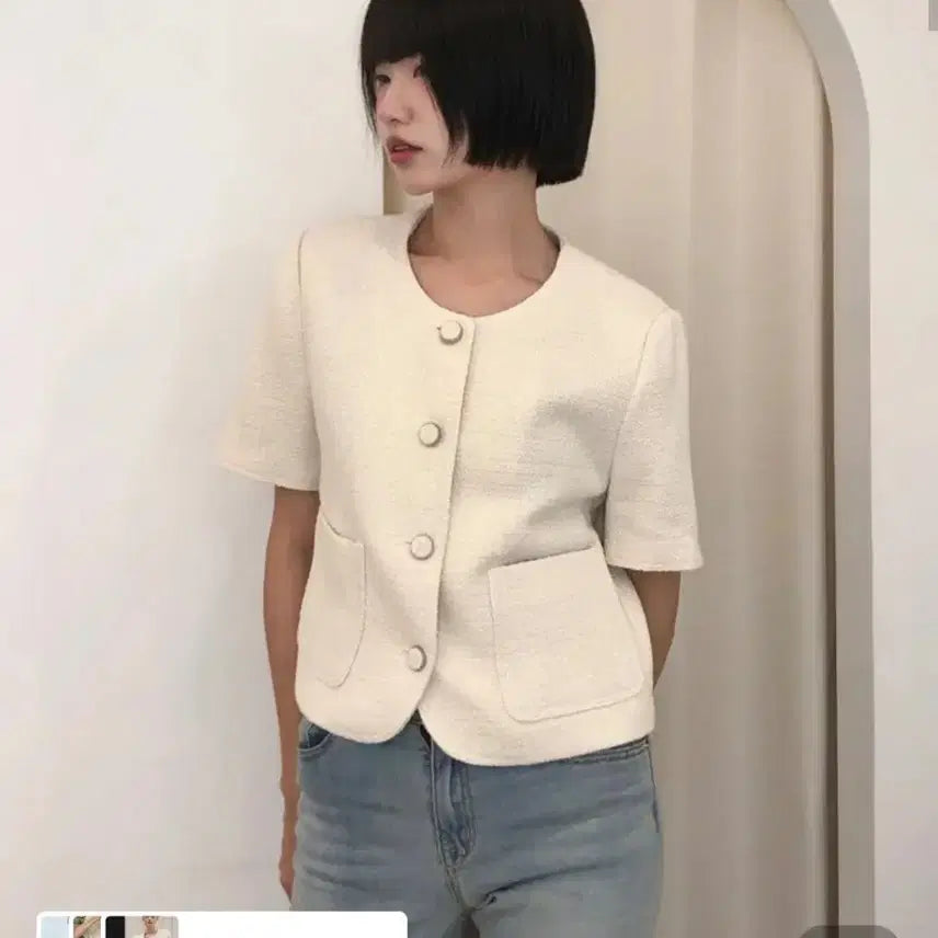 [BUNJANG] SPAO Tweed Short Sleeve Jacket Navy S / 스파오 트위드 자켓 SPJKF24W08 네이비 s