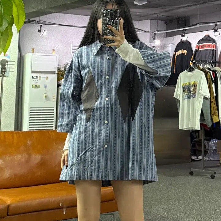[BUNJANG] Argyle Pattern Striped Short Sleeve Shirt - Blue / 아가일 패턴 스트라이프 반팔 셔츠 블루 B4682