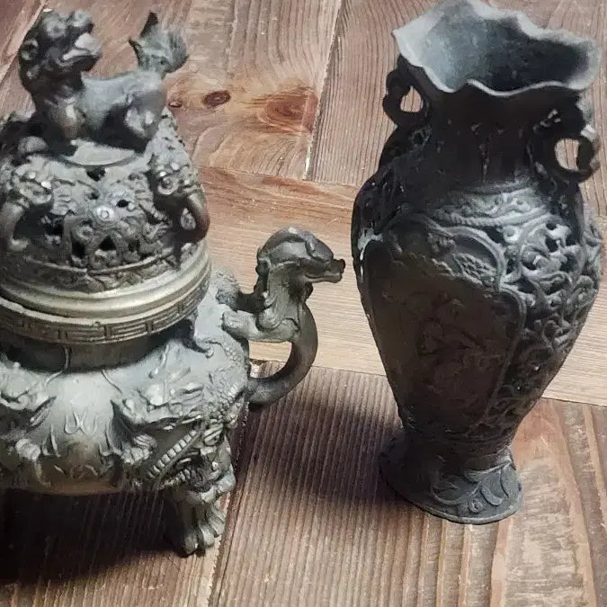 [BUNJANG] Antique Cast Bronze Tripod Dragon Incense Burner &amp; Vase Set / 골동품 주물 동 삼족 용 향로 &amp; 꽃병 세트