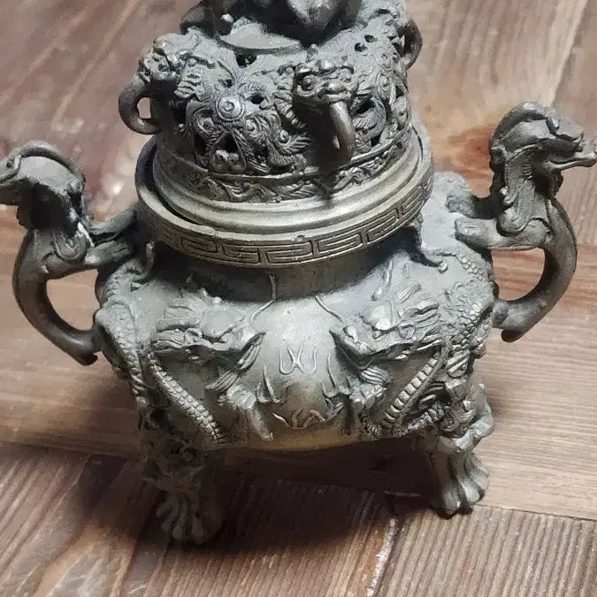 [BUNJANG] Antique Cast Bronze Tripod Dragon Incense Burner &amp; Vase Set / 골동품 주물 동 삼족 용 향로 &amp; 꽃병 세트