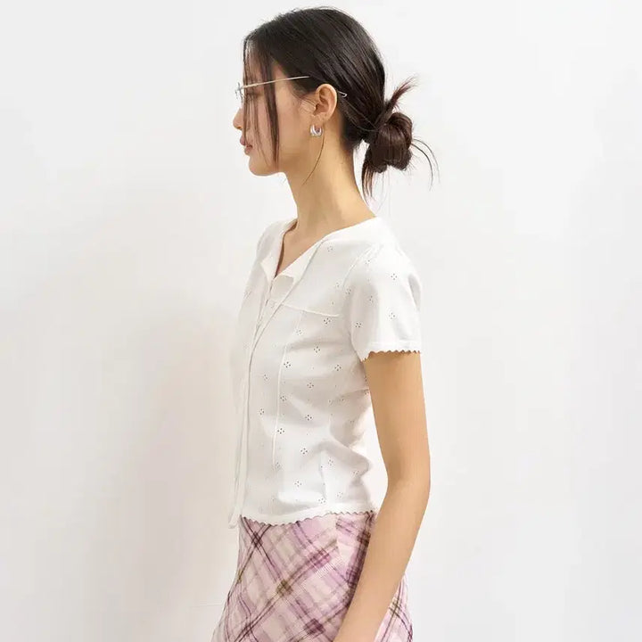 [BUNJANG] General Idea Punching Knit Half Blouse White M / 제너럴 아이디어 펀칭 니트 하프 블라우스 (M, 2회 착용)