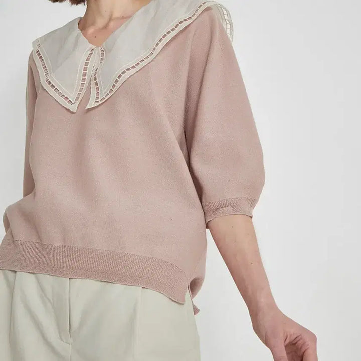 [BUNJANG] System Sailor Lace Big Collar Knit Short Sleeve / 22년 한섬 시스템 세일러 레이스 빅카라 니트 반팔5부여름퍼프핑크베이지