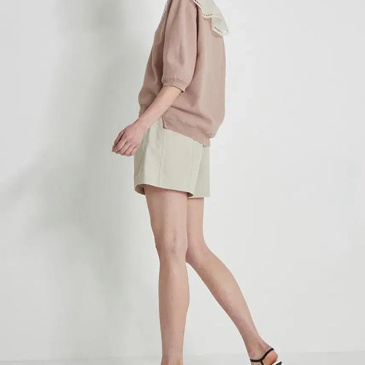 [BUNJANG] System Sailor Lace Big Collar Knit Short Sleeve / 22년 한섬 시스템 세일러 레이스 빅카라 니트 반팔5부여름퍼프핑크베이지