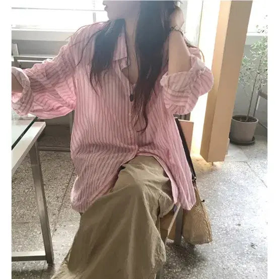 [BUNJANG] MiuMiu Troll Stripe Shirt Pink / 므앤 트롤 스트라이프 셔츠 핑크