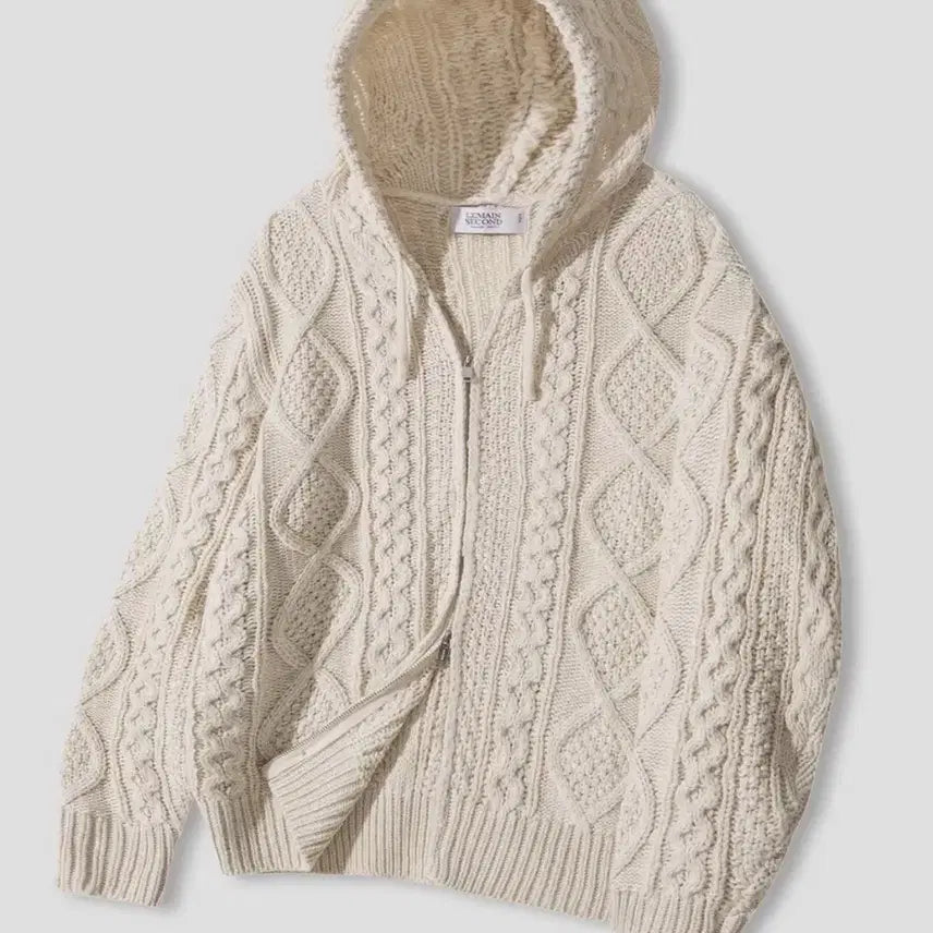 [BUNJANG] Remain Second Two-Way Aran Washable Oversized Cable Hood Zip-Up Knit Ivory / 리메인세컨드 투웨이 아란 워셔블 오버핏 케이블 후드 집업 니트 아이보리