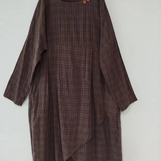 [BUNJANG] Checkered Tulip Hem Asymmetrical Dress / 88 99진밤색 염색 체크 얇은 아사면 앞뒤 언발 튜울립단 원피스