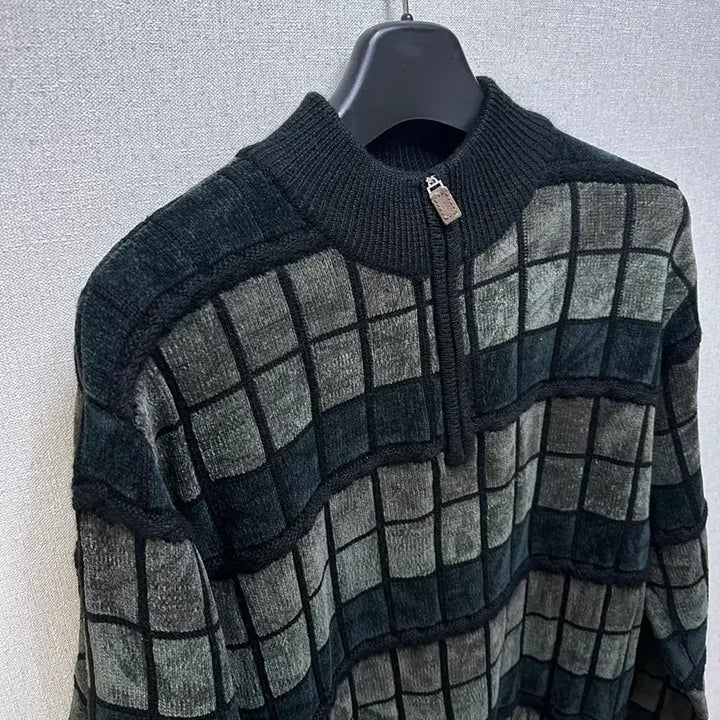 [BUNJANG] Vintage Grunge Check Pattern Half Zip-Up Knit / 빈티지 그런지 코르티스맛 체크패턴 하프집업 니트