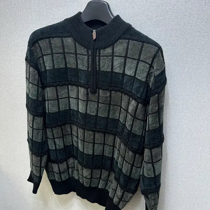 [BUNJANG] Vintage Grunge Check Pattern Half Zip-Up Knit / 빈티지 그런지 코르티스맛 체크패턴 하프집업 니트