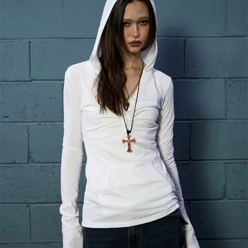 [BUNJANG] Noting Button-Up Shirring Hoodie White / 낫노잉 버튼 업 셔링 후디 화이트