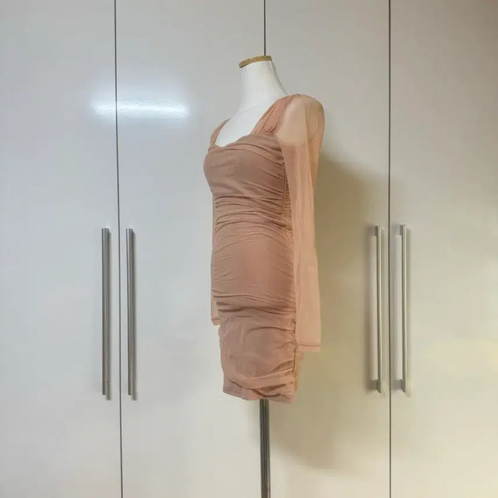[BUNJANG] Sheer Shirring Mesh Mini Dress Beige / 시스루 셔링 망사 미니 원피스 베이지