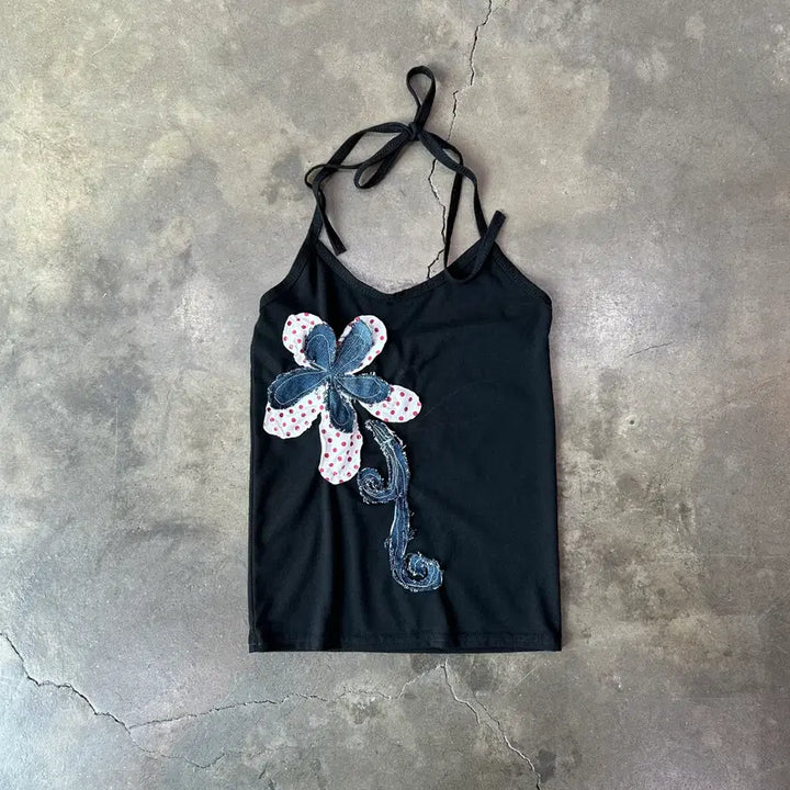 [BUNJANG] Black Flower Patch Halter Sleeveless Top / 블랙 플라워패치 홀터 슬리브리스