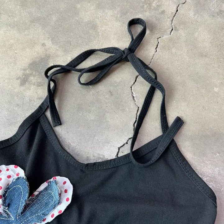 [BUNJANG] Black Flower Patch Halter Sleeveless Top / 블랙 플라워패치 홀터 슬리브리스
