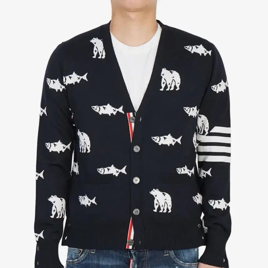 [BUNJANG] Thom Browne Bear &amp; Salmon Cardigan Dark Navy / (2) MKC350A Y1002 415 베어 살몬 톰브라운 가디건