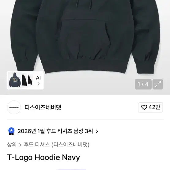 [BUNJANG] thisisneverthat Navy Hoodie / thisisneverthat 네이비 후드티