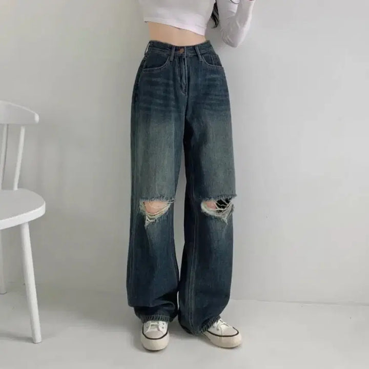 [BUNJANG] Distressed Wide-Leg Pants (Dark Blue/L/Long) / 찢청 와이드 팬츠 (진청/L/롱)