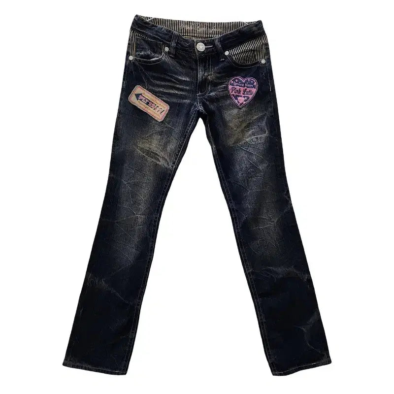 [BUNJANG] PINK-LATTE Vintage Y2K Patchwork Glitter Denim Jeans / PINK-LATTE 빈티지 Y2K 갸루 펑크 패치워크 글리터 데님 S