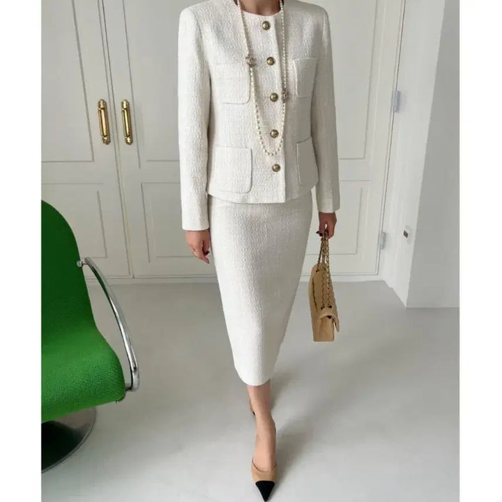 [BUNJANG] Ivory Tweed Setup (Jacket Size 55, Skirt Size 66) / (새상품) 아이보리 트위드 셋업 (자켓 55. 스커트 66)