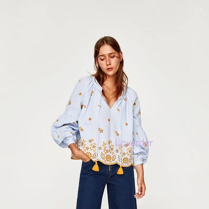 [BUNJANG] ZARA Striped Puff Sleeve Blouse / 자라 플라워 아일렛 스트라이프퍼프 태슬블라우스