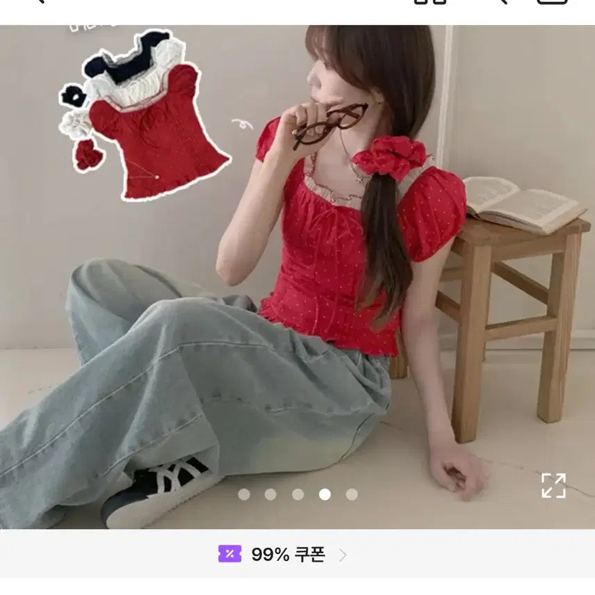 [BUNJANG] Polka Dot Short Sleeve Blouse with Scrunchie Set / 러블리룩 도트 반팔 블라우스 + 곱창밴드