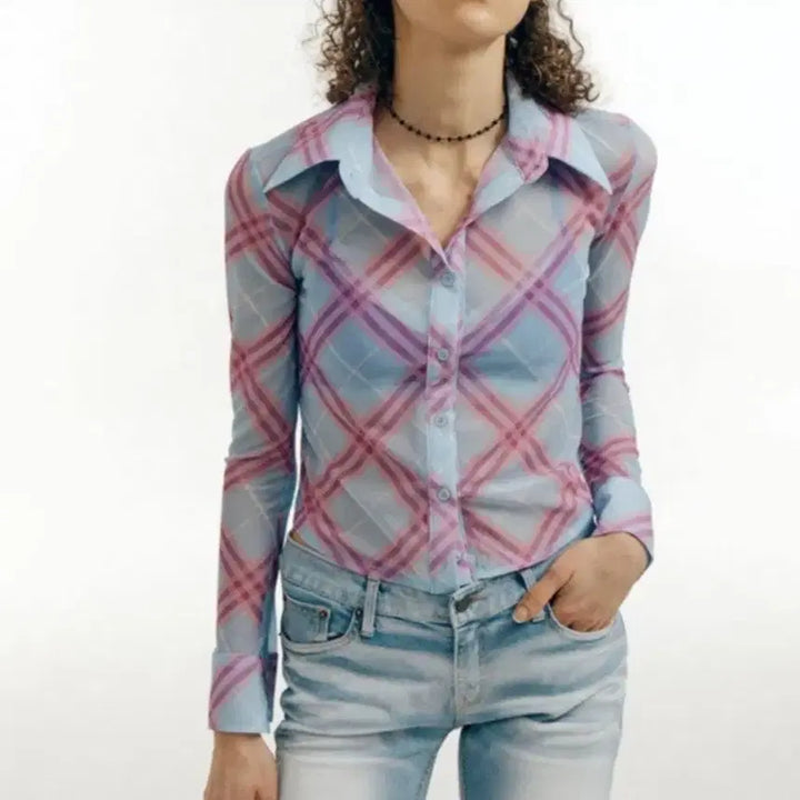 [BUNJANG] Whyus Blue Pink Check Mesh Shirt Ningning / [S] 와이낫어스 블루 핑크 체크 메쉬 셔츠 닝닝