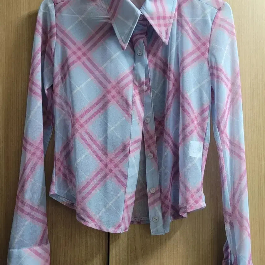 [BUNJANG] Whyus Blue Pink Check Mesh Shirt Ningning / [S] 와이낫어스 블루 핑크 체크 메쉬 셔츠 닝닝