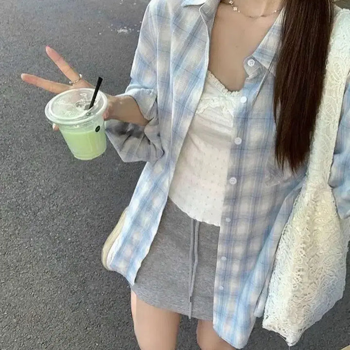 [BUNJANG] Pastel Soft Blue Check Summer Shirt / (새상품) 여리여리 파스텔 소프트 블루 체크 여름 셔츠