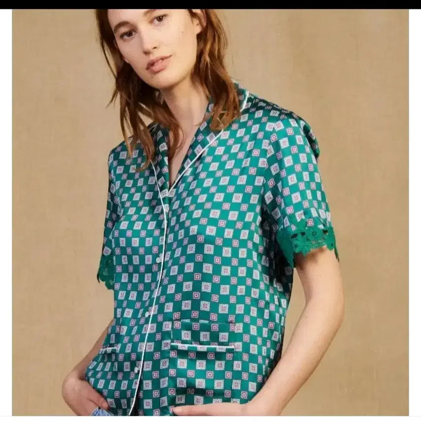 [BUNJANG] Sandro Paris Green Check Silk Shirt / 산드로 파리 그린 체크 실크 셔츠