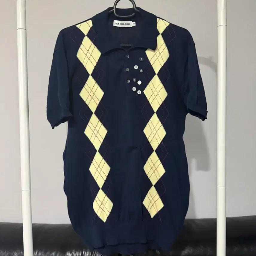 [BUNJANG] No Coolus Argyle Short Sleeve Knit Navy / [노쿨러스] 멀티 버튼 아가일 반팔니트 네이비