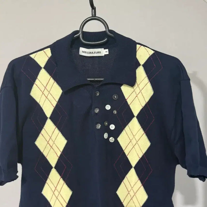 [BUNJANG] No Coolus Argyle Short Sleeve Knit Navy / [노쿨러스] 멀티 버튼 아가일 반팔니트 네이비