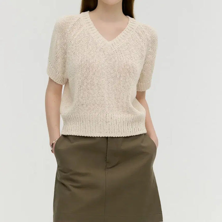 [BUNJANG] Mongdol Beige V-neck Knit Short Sleeve / 몽돌 베이지 브이넥 니트 반팔