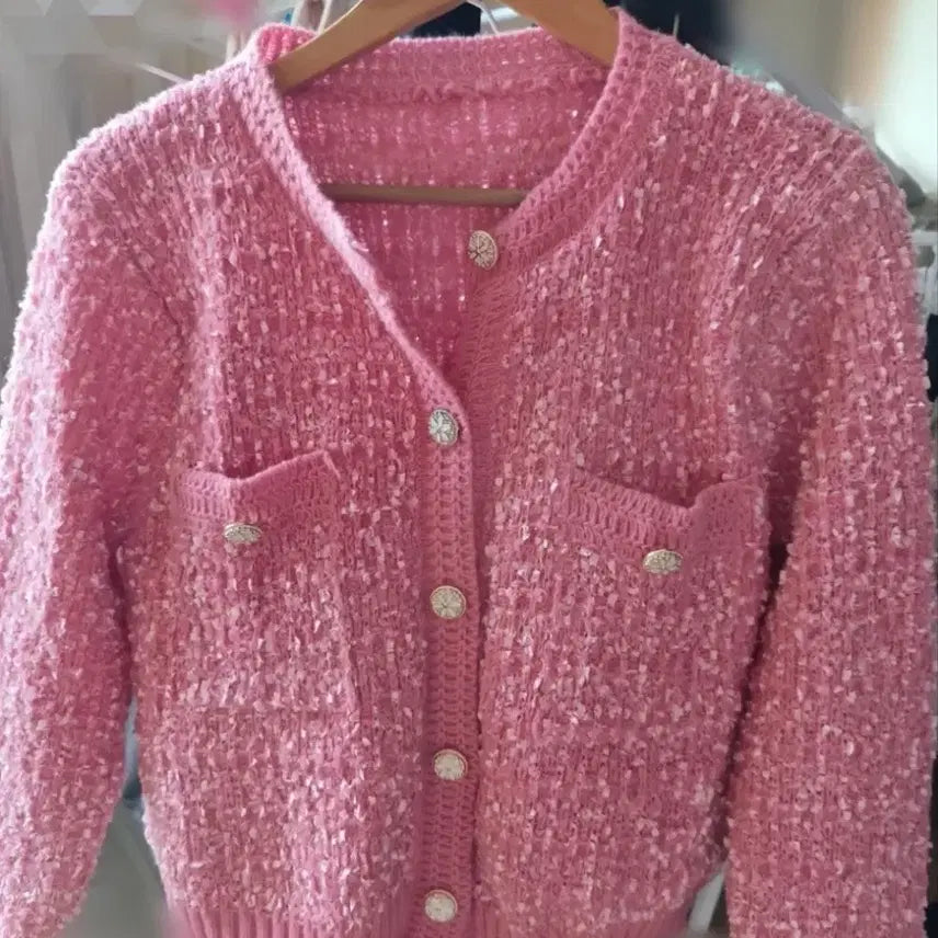 [BUNJANG] Tweed Knit Cardigan Pink Silver Button / 니트 가디건
