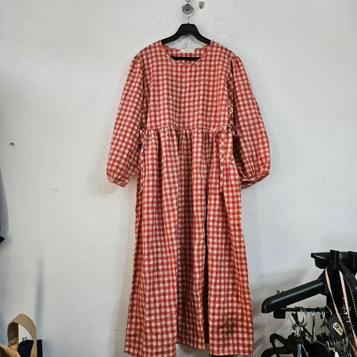 [BUNJANG] Red Check Long Sleeve Long Dress / 레드 체크 롱 원피스 긴팔