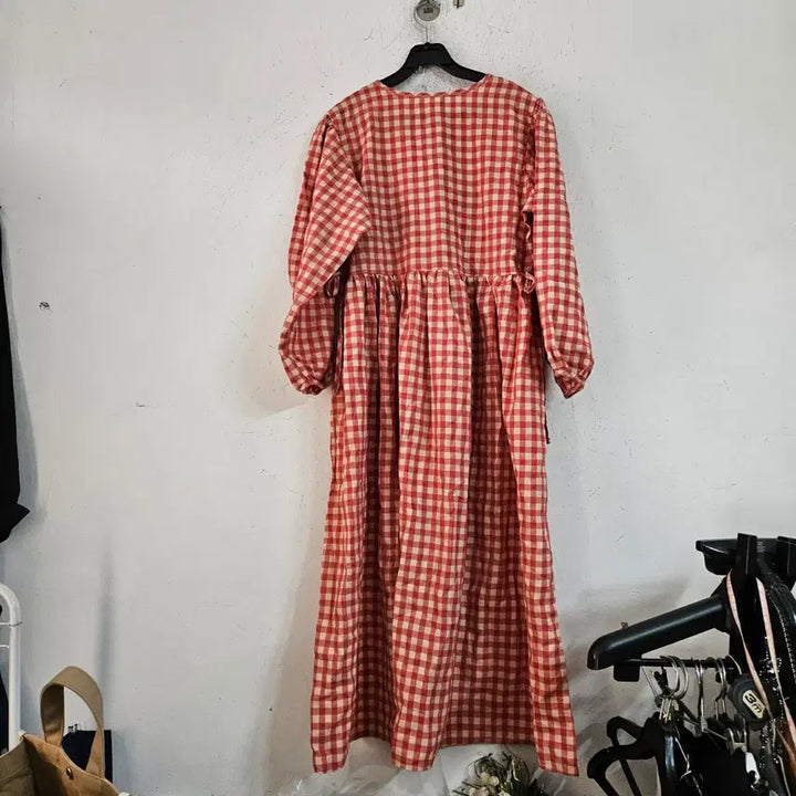 [BUNJANG] Red Check Long Sleeve Long Dress / 레드 체크 롱 원피스 긴팔
