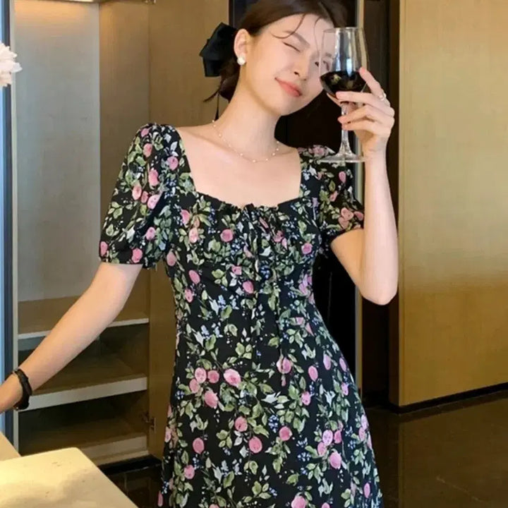[BUNJANG] Floral Fruit Pattern Chiffon Long Dress / 과일-플로럴 패턴 쉬폰 롱원피스
