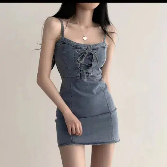 [BUNJANG] Ablie Spandex Denim Mini Sleeveless Dress / 에이블리 스판 쫀쫀 데님 원피스 청 원피스  미니 원피스 나시 원피스