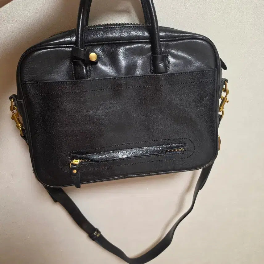 [BUNJANG] Black Leather Tote Bag with Shoulder Strap / 블랙 가죽 토트백 겸 숄더백