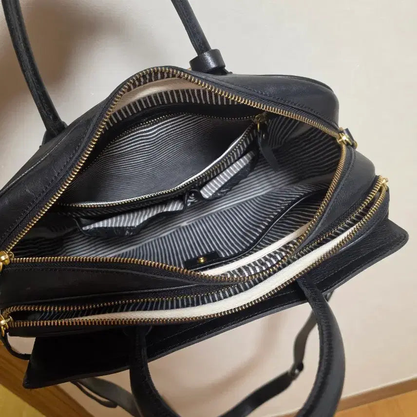 [BUNJANG] Black Leather Tote Bag with Shoulder Strap / 블랙 가죽 토트백 겸 숄더백