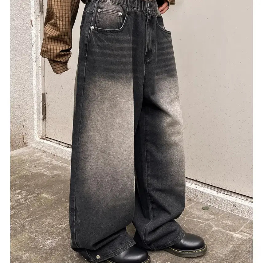 [BUNJANG] Snap Two-Way Vintage Washed Wide Denim Pants / 스냅 투웨이 빈티지 워싱 와이드 올밴딩 데님 팬츠