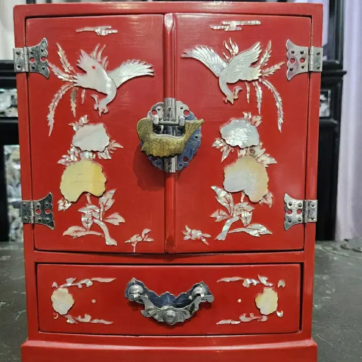 [BUNJANG] 1960s Vintage Tongyeong Mother-of-Pearl Lacquerware Red Lacquer Phoenix Jewelry Box / 60년대 빈티지 통영 나전칠기 자개 홍장 봉황문 보석함
