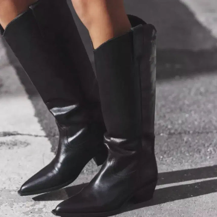 [BUNJANG] Zara Black Real Leather Cowboy Boots / 자라 블랙 리얼 레더 카우보이 부츠, 웨스턴 롱부츠 37